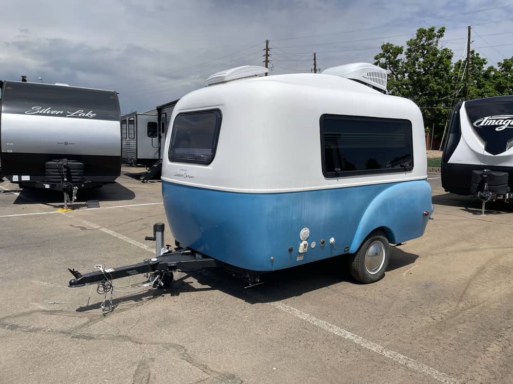 2022 Happier Camper HC1 Premium — front/driver side exterior, blue and white full body paint
